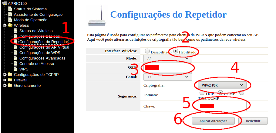 Configurações do Repetidor